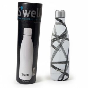 S'well NEW Sealed Insulated Water Bottle Black Ribbon Abstract White Silver 17oz